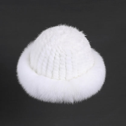 Women's Winter Warm Genuine Premuim Mink Fur Knitted Bucket Hat Furry Real Fur Caps Big Fox Fur Trim Brim Adjustable