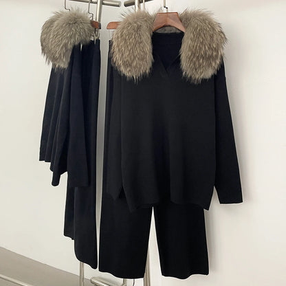 Reality Fur Jacket Pullover Set Woman Spring Knitted Suit Knitwear Female Real Fox Fur Collar Sweater Lady Autumn Knitted New