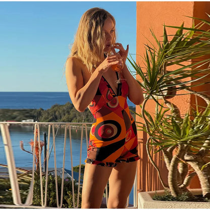 Colorful Print Backless Playsuit Women Sexy Halter Deep V-neck Sleeveless Ruffle Hem Jumpsuits Rompers Beach Holiday Bodysuits