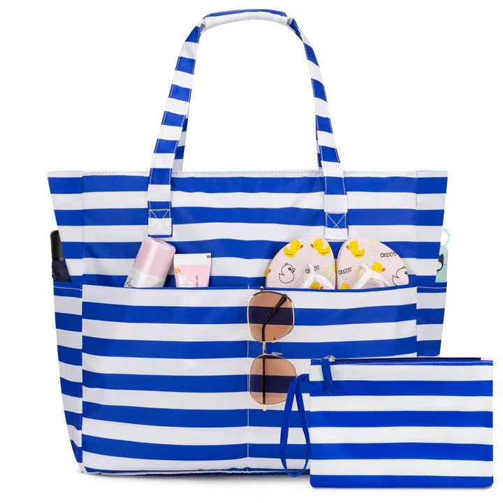 Kabaqoo Women's Large Capacity Beach Tote Bag Oxford Cloth Waterproof Striped Travel Bags Multi-pocket Foldable Top-Handle Bags