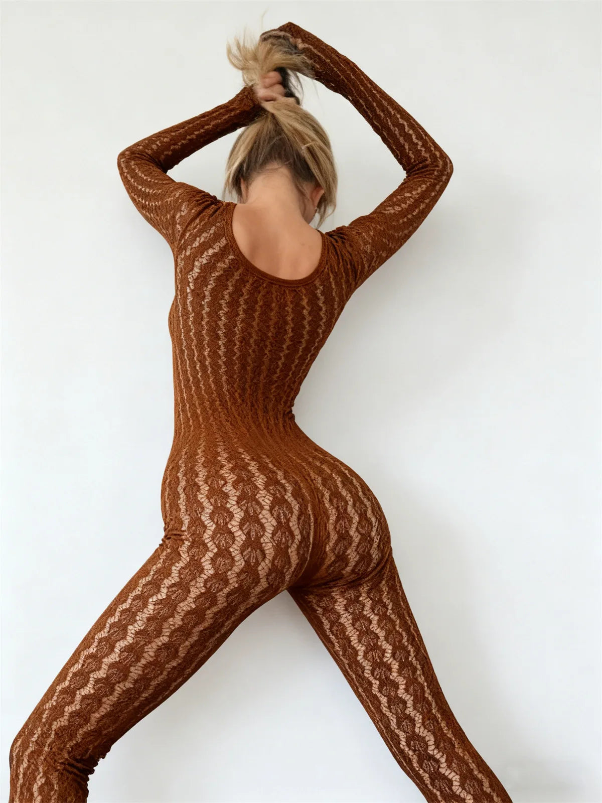 HLJ&GG Sexy Mesh Stretchy See Though Bodycon Jumpsuits Women Round Neck Long Sleeve Slim Playsuits Fashion Print Overalls 2025