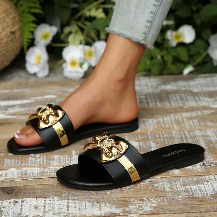 Women's Shoes New Fashion Slippers with Bow Buckle Versatile Solid Color Decorative Round-Toe Flat Sandals