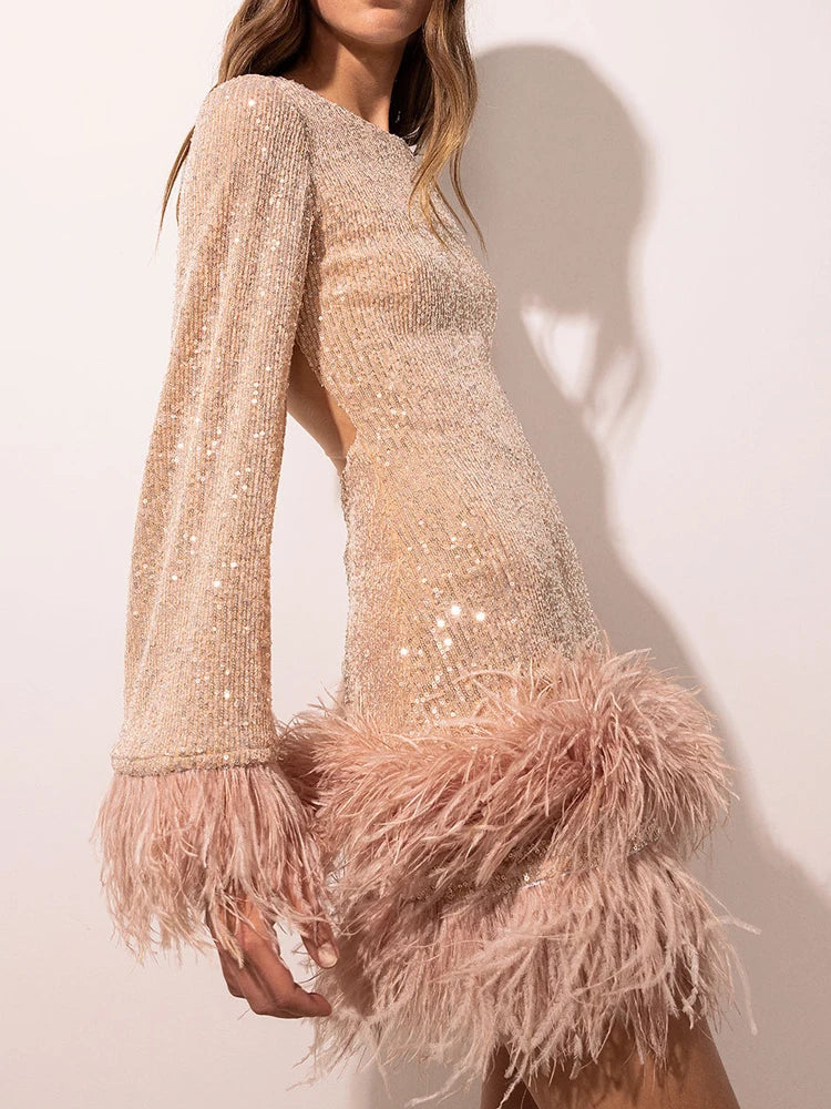 Sparkling sequin backless dress for fashion parties summer sexy dress casual daily O collar feather long sleeved short skirt