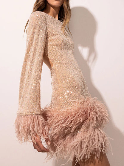 Sparkling sequin backless dress for fashion parties summer sexy dress casual daily O collar feather long sleeved short skirt
