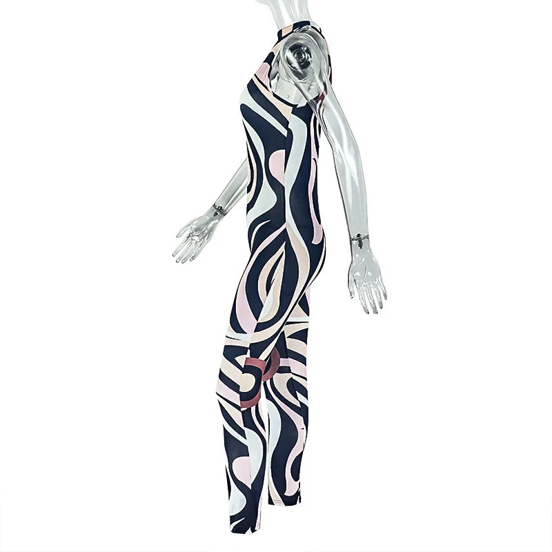 Zebra Print Jumpsuit Women o-Neck Sexy Hollow Off shoulder Sleeveless Skinny Peach Hip Hottie Street Fashion Overalls