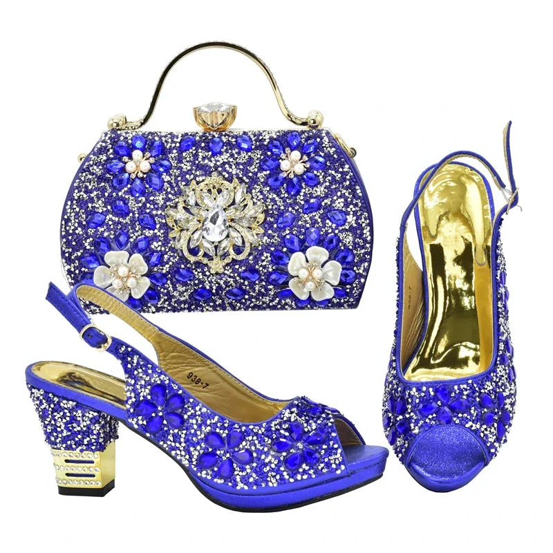 Fashion Italian Shoes with Bag Set Decorated with Rhinestone Women Wedding Shoes Set Nigerian Party Pumps High Heels Sexy Ladies