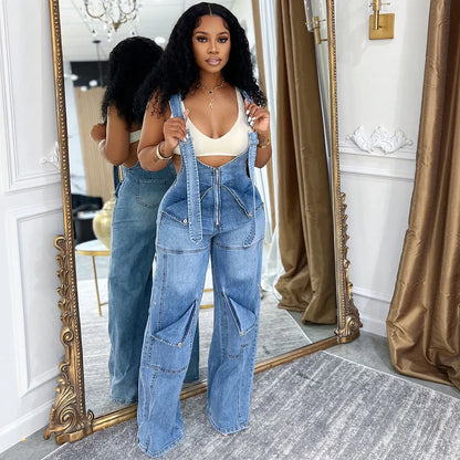 Jumpsuit Women Suspenders Overalls Zipper Denim One Piece Mom Jeans Wide Leg Long Pants High Waist Rompers Y2k Streetwear Summer