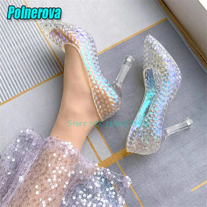 Transparent Crystal High Heels Wedding Bridal Shoes Luxury Pointed Toe Round Heel Women Pumps Elegant Fairy Banquet Party Shoes