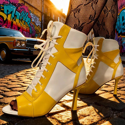 Ronticool Handmade Peep Toe Ankle Boots - Black and White Leather High Heel Shoes with Lace Up Design Size 36-43