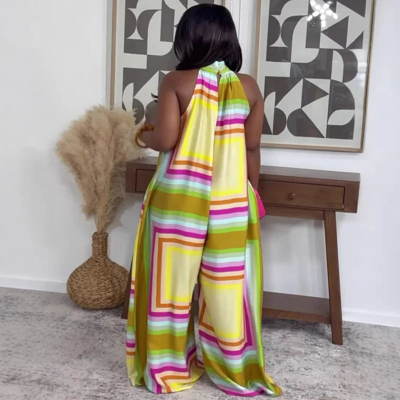 New Design African Fashion Women Jumpsuit Summer Geometric Printed Halter Sleeveless Wide Leg Jumpsuits Oufits Streetwear