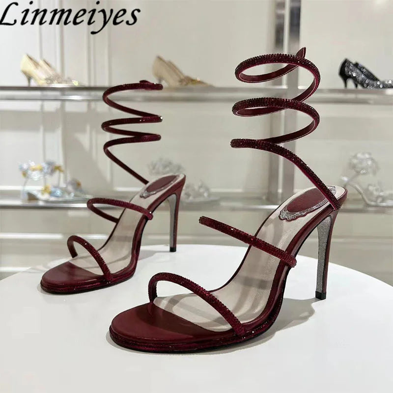 Summer Crystal Gladiator Sandals Women Rhinestone Twine Around Ankle Snake Wedding Shoes High Heels Sandals Woman