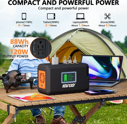 Portable Power Station,120W(240W Peak) Solar Generator,88Wh Lithium Battery Power with 110V AC Outlet/DC/USB/LED Light