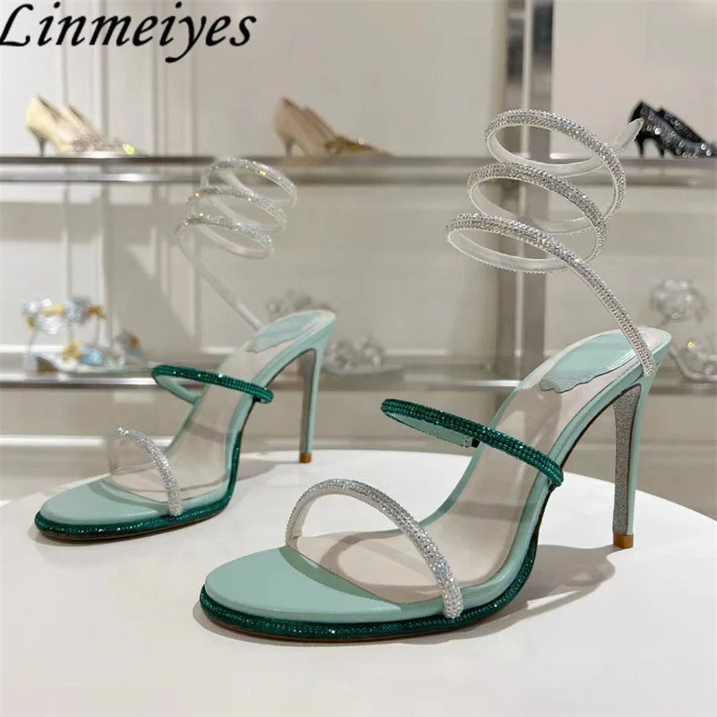 Summer Crystal Gladiator Sandals Women Rhinestone Twine Around Ankle Snake Wedding Shoes High Heels Sandals Woman