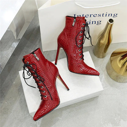 Sexy Ankle Cowboy Boots For Women Dance Shoes Fashion Snake Red White Black High Heels Lace Up Short Boot Autumn Large Size