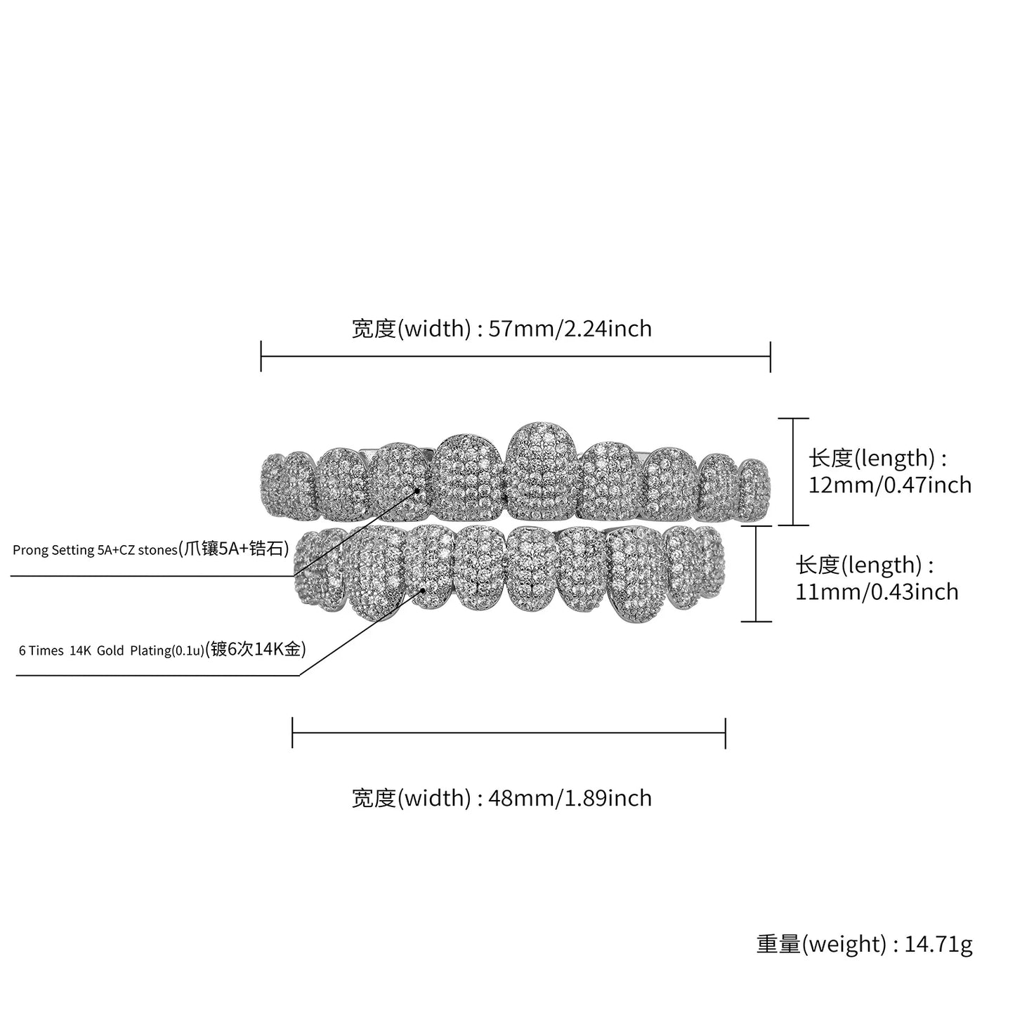 TOPGRILLZ Iced Out 10 Top &10 Bottom 5A CZ Stones Teeth Grillz Punk Rapper 14K Gold Plated Zircon Tooth Caps For Mouth Jewelry