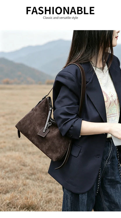 Winter Women's Natural Suede Leather Classic Underarm Bag Female Soft Cowhide Durable Handbags Ladies Luxury Designer Bags