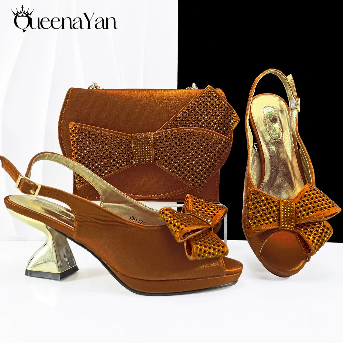 Queena Yan Sky Blue Color Peep Toe High Women Heels Shoes and Bags for Women Rhinestone Evening Party Elegant Luxury Handbag