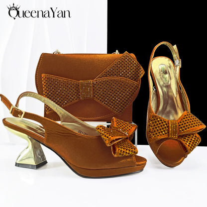 Queena Yan Sky Blue Color Peep Toe High Women Heels Shoes and Bags for Women Rhinestone Evening Party Elegant Luxury Handbag
