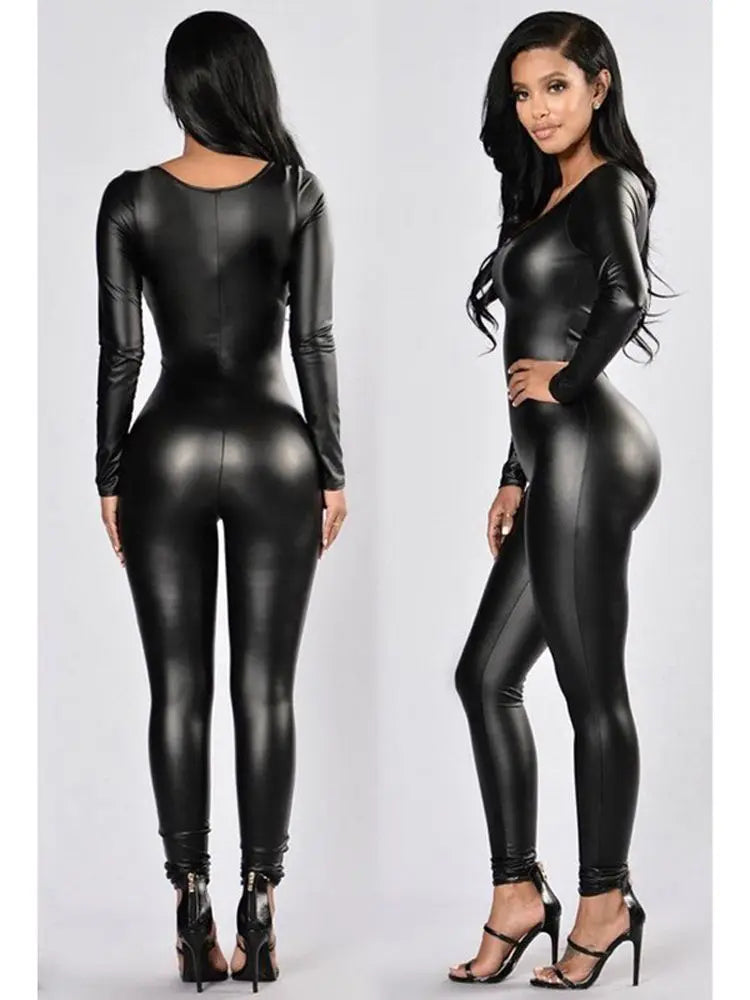 New Elastic Patent Leather Long Sleeve Jumpsuit Tights Cosplay Bodysuit Leotard Sexy Catsuit Clubwear Lingerie Teddies Jumpsuit
