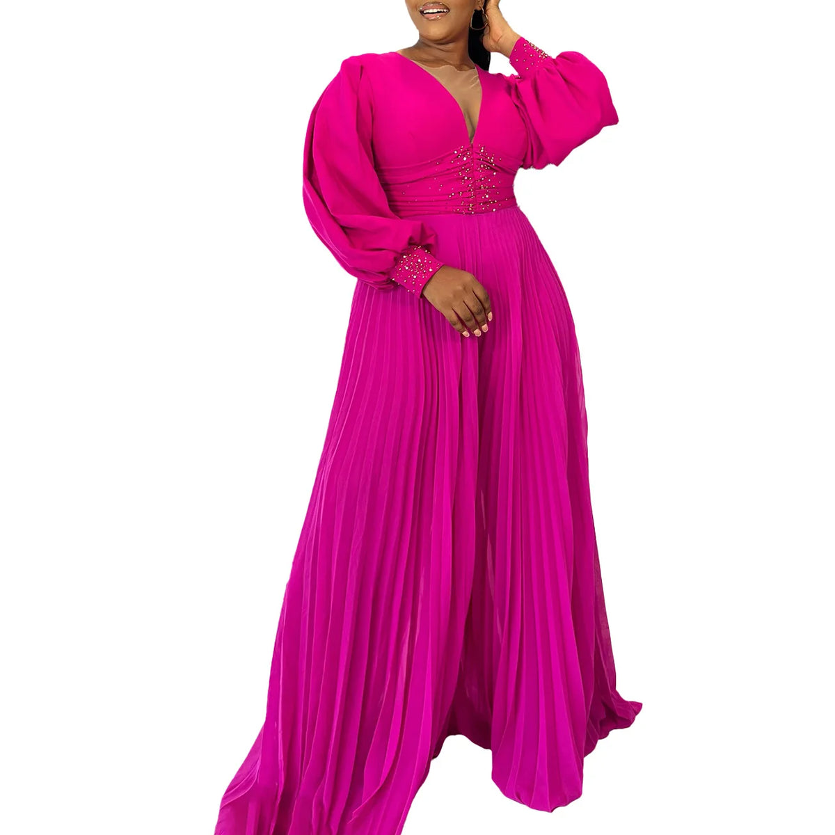 CM.YAYA Women Diamonds Long Sleeve Pleated V-neck Wide Leg Long Jumpsuits Party Beach Fashion Street Sexy Africa Outfit Rompers