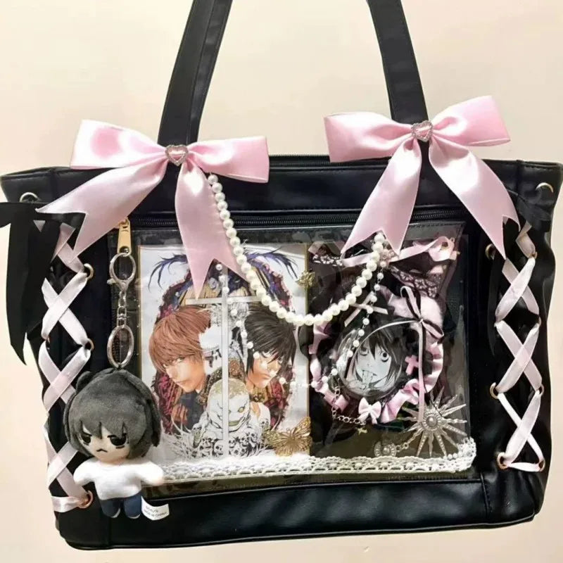 New Japanese Cute Sweet Ribbon Ita Bag Lolita Girls Transparent Handbags Fashion Large Capacity Tote Bag Aesthetic Shoulder Bags