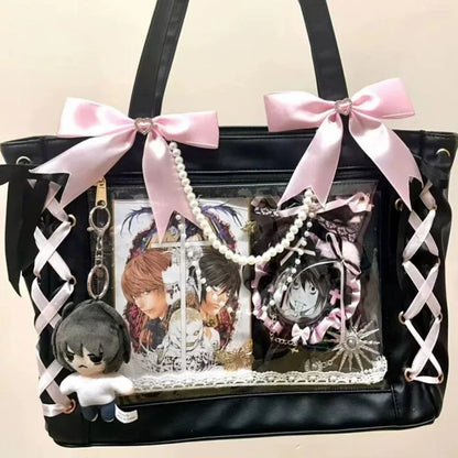 New Japanese Cute Sweet Ribbon Ita Bag Lolita Girls Transparent Handbags Fashion Large Capacity Tote Bag Aesthetic Shoulder Bags