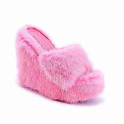 2026 Luxury New Women Feminine High Heeled Slippers Outdoor All-match Shoes Round Head Wedges With Mink Fur Femal Shoes