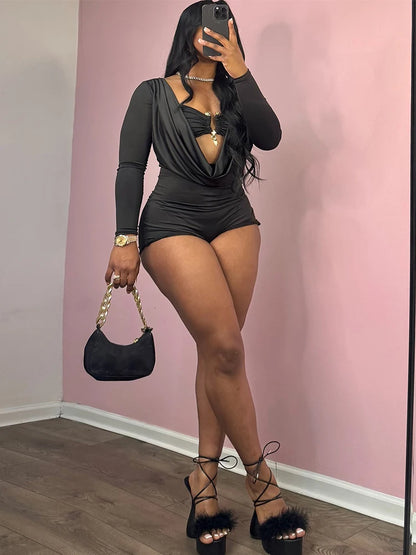Sisterlinda Swinging Neck Playsuits Women Solid Metal Splice Cleavage Full Sleeve Stretch Sexy Slim Romers Chic Trend Clubwear