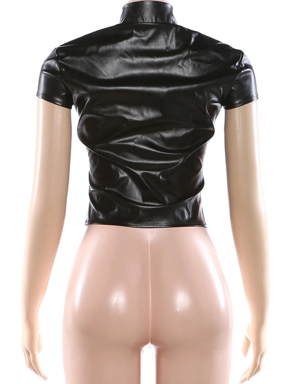 Weird Puss Hottie PU Crop Top Women Stand Collar Single Breasted Sexy Wild Stylish Solid Gothic Punk Skinny Midnight Streetwear