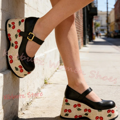 Mary Jane Pumps Cherries Platform Mixed Color Leather Belt Buckle for Women Shoes Round Toe Height Increasing Elegant Sexy New