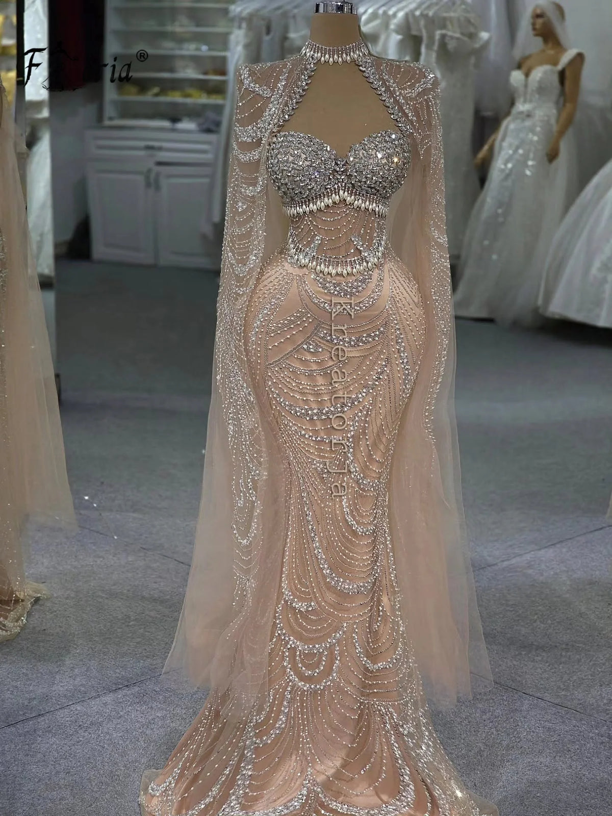 Luxury Dubai Mermaid Formal Evening Dresses with Long Cape Peark Crystal  Party Gowns Saudi Arab Celebrity Dress Robe De Soiree