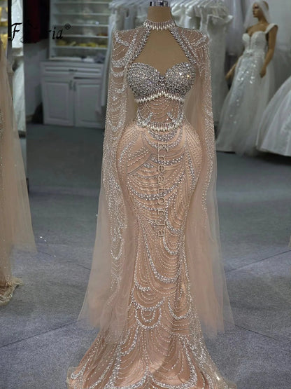 Luxury Dubai Mermaid Formal Evening Dresses with Long Cape Peark Crystal  Party Gowns Saudi Arab Celebrity Dress Robe De Soiree
