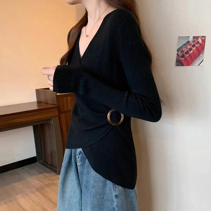 Women Wrap V Neck Ribbed Knit Top Metal Ring Buckle Flare Long Sleeve Slim Sweater