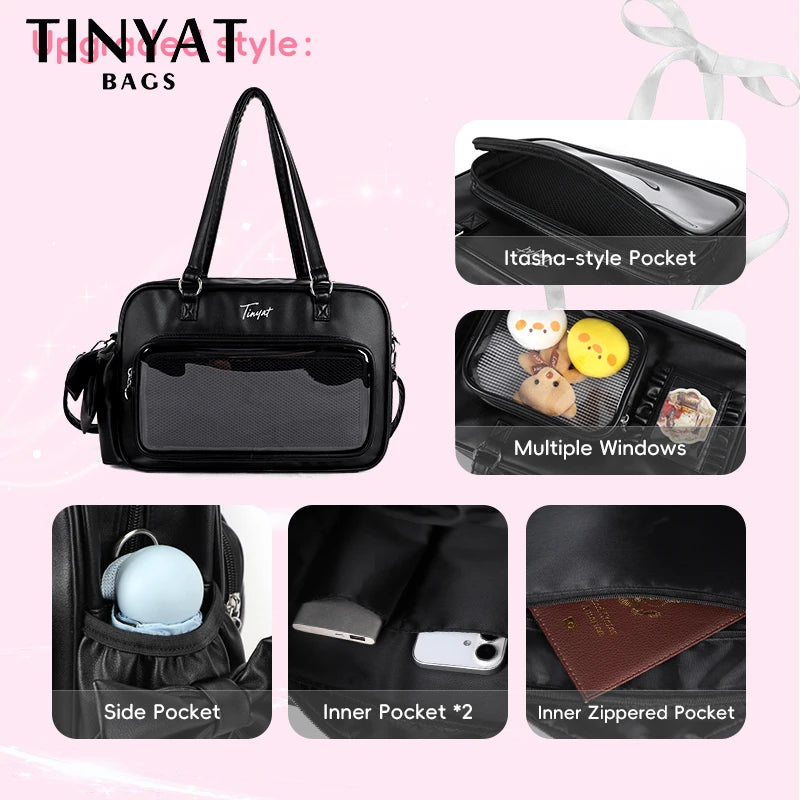 TINYAT PU Y2K Ita Bag Tote Lolita Girl Clear Window Display Message Bag Large Capacity Daily Commuting Handbag for Women School