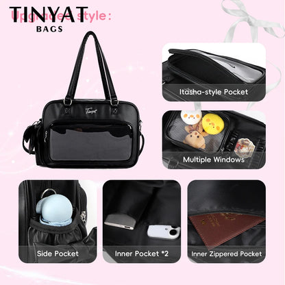 TINYAT PU Y2K Ita Bag Tote Lolita Girl Clear Window Display Message Bag Large Capacity Daily Commuting Handbag for Women School