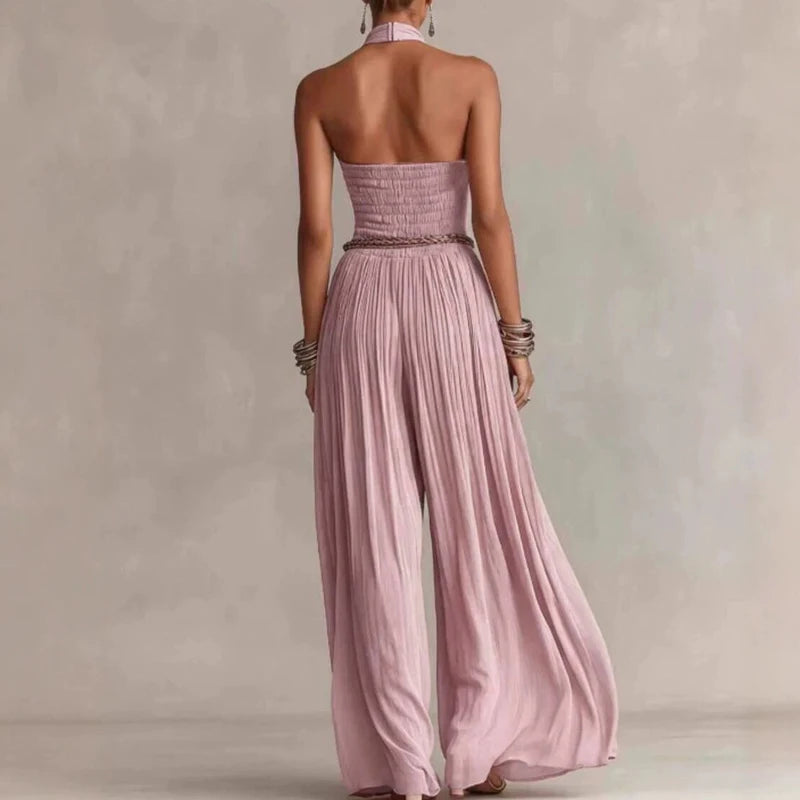 Elegant High Waist Pocket Wide Leg Playsuits Fashion Off Shoulder Halter Jumpsuits Summer New Sleeveless Hollow Out Pure Rompers