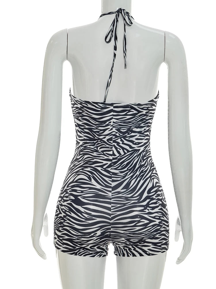 Weird Puss Sexy Fashion Playsuits Woman Zebra Stripes Lace-Up Halter Backless Shape Waist Skinny Peach Hip Wild Style Rompers