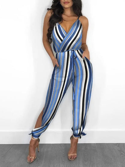 Fashion Peacock Feather Print Sleeveless Women's Slim Jumpsuit Slit Sexy Backless Drawstring Pocket Halter V Neck Female Rompers