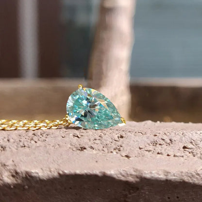 100% MOISSANITE S925 silvery necklace for Women, pear shape cyan blue Moissanite Pendant Necklace 1CT/2CT/3CT