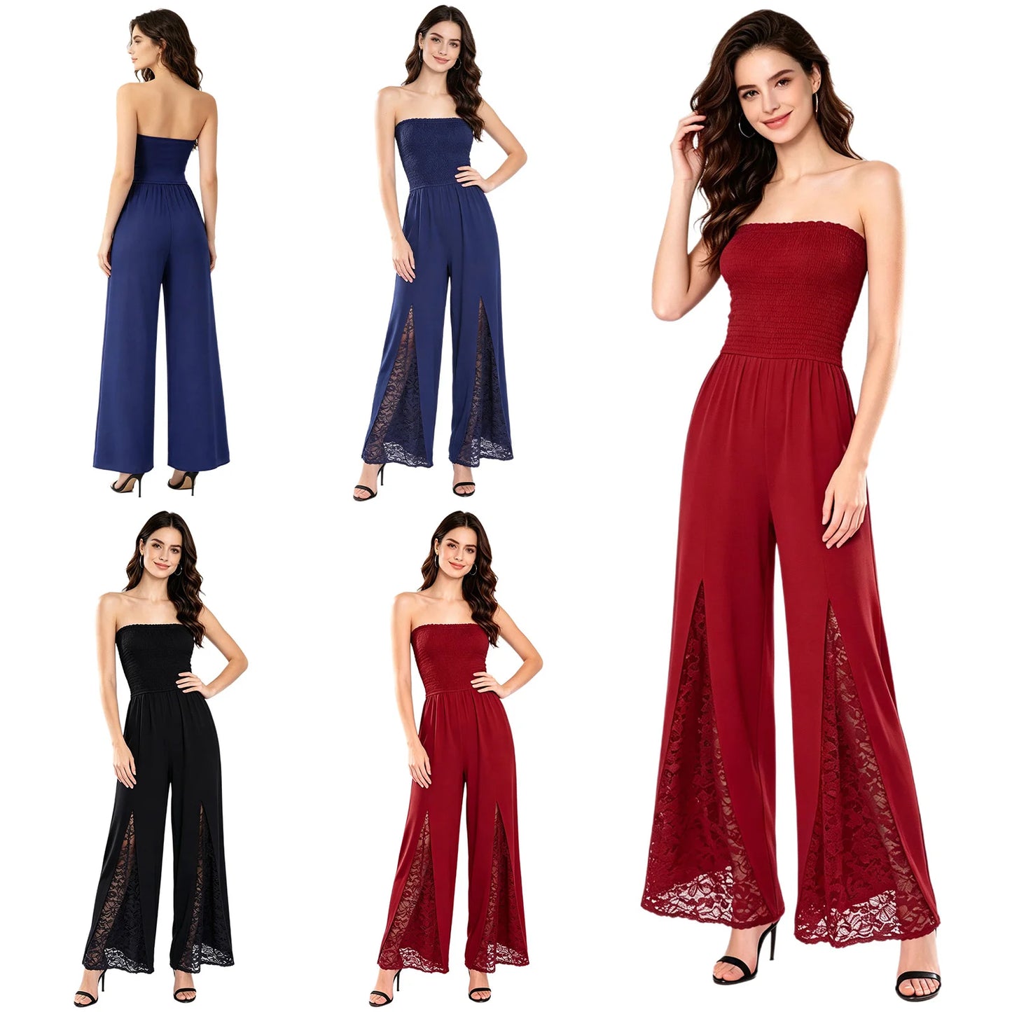 Women Strapless Jumpsuit Bandeau Elastic Bodice Sheer Floral Lace Patchwork Wide Leg Romper for Beach Vacation Party