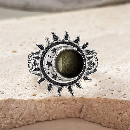 925 Sterling Silver Natural Moonstone Ring 8MM Bohemian Star Sun Moon Shape Ring Gothic Punk Style Party Gift for Women Men