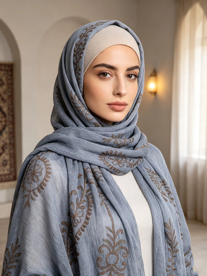 Vintage Crinkle Embroidery Hijab Textured Fabric Muslim Shawl Headscarf Soft Breathable Islamic Women Head Wrap Scarf