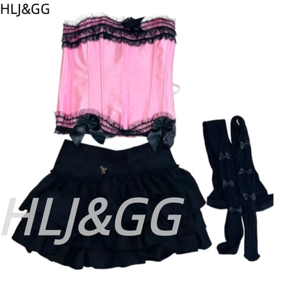 HLJ&GG Sexy Lace Splicing Corset Two Piece Sets Women Off Shoulder Sleevleess Top And Ruffle Mini Skirts Outfits Y2K Streetwear