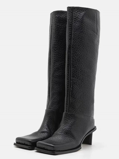 2026New Fashionable Square Head High Heels Women's Knee Length Boots with Side Zipper Stone Pattern Women's Mid Length Boots