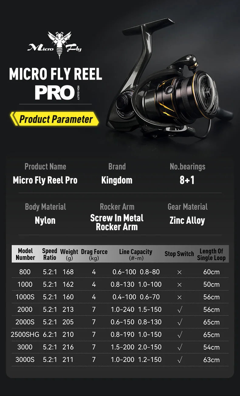 Kingdom Micro Fly Pro Fishing Spinning Reel Ultra Light 8+1 Sealed Bearings 160g 8KG Max Drag 5.2:1 Gear Ratio Fishing Reel