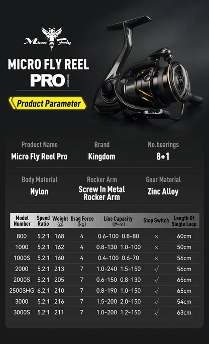 Kingdom Micro Fly Pro Fishing Spinning Reel Ultra Light 8+1 Sealed Bearings 160g 8KG Max Drag 5.2:1 Gear Ratio Fishing Reel