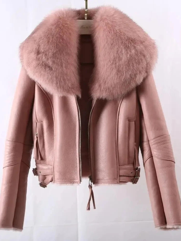 OFTBUY Hot Sales Sheepskin Fur Coat Fashion New Winter Real Leather Jacket Raccoon Fur Collar Women Clothing Integrated Fur Coat