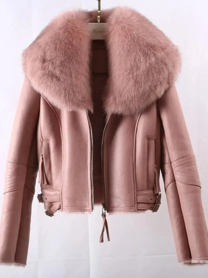 OFTBUY Hot Sales Sheepskin Fur Coat Fashion New Winter Real Leather Jacket Raccoon Fur Collar Women Clothing Integrated Fur Coat