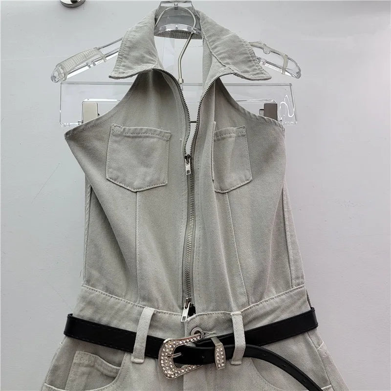 Sexy Blue Lapel Deep V Zipper Jumpsuit For Women Sleeveless Backless High Waist Hemmed Shorts Leisure Party Club Denim Jumpsuit