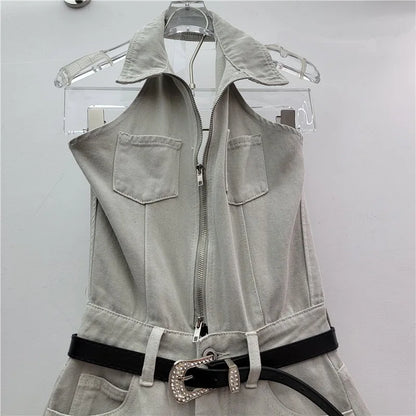 Sexy Blue Lapel Deep V Zipper Jumpsuit For Women Sleeveless Backless High Waist Hemmed Shorts Leisure Party Club Denim Jumpsuit